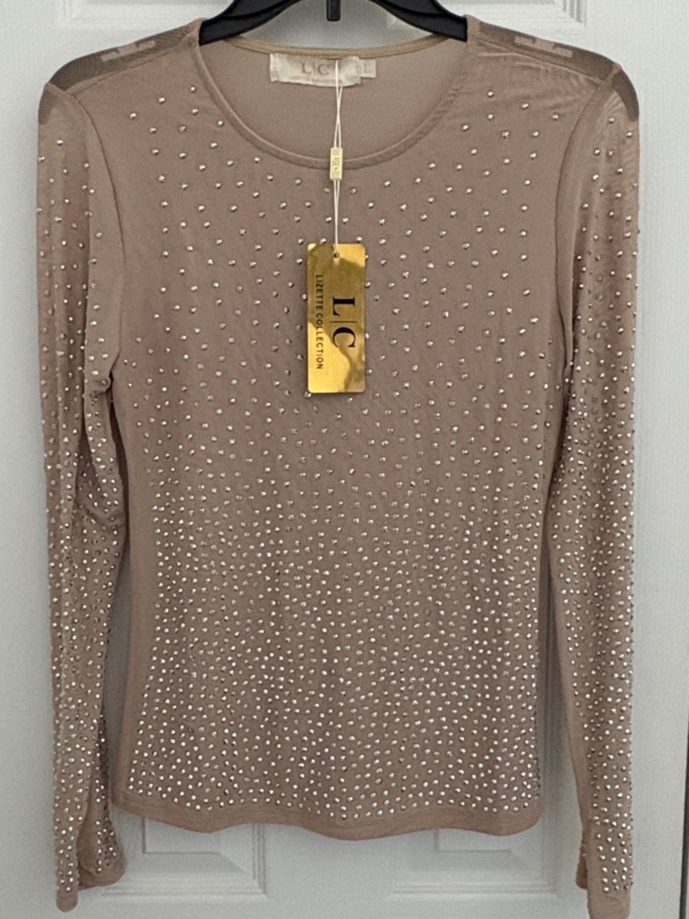 LC Lauren Conrad Beige Long Sleeve Rhinestone Crewneck Top